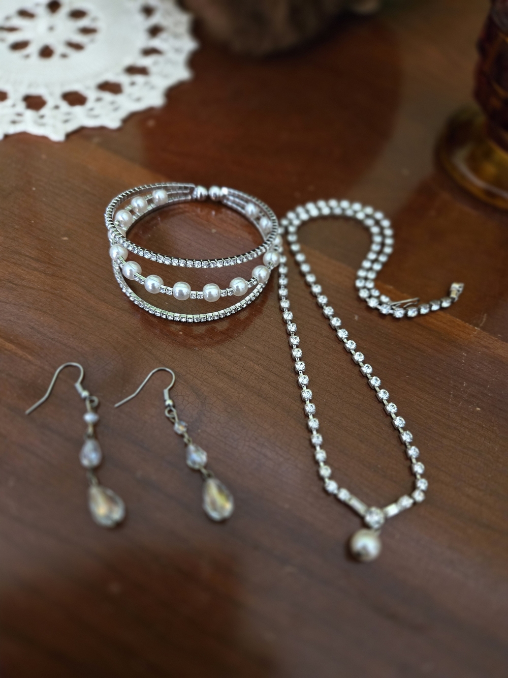 Silver Pearl & Crystal Pendant Necklace with Matching Bracelet and Earrings